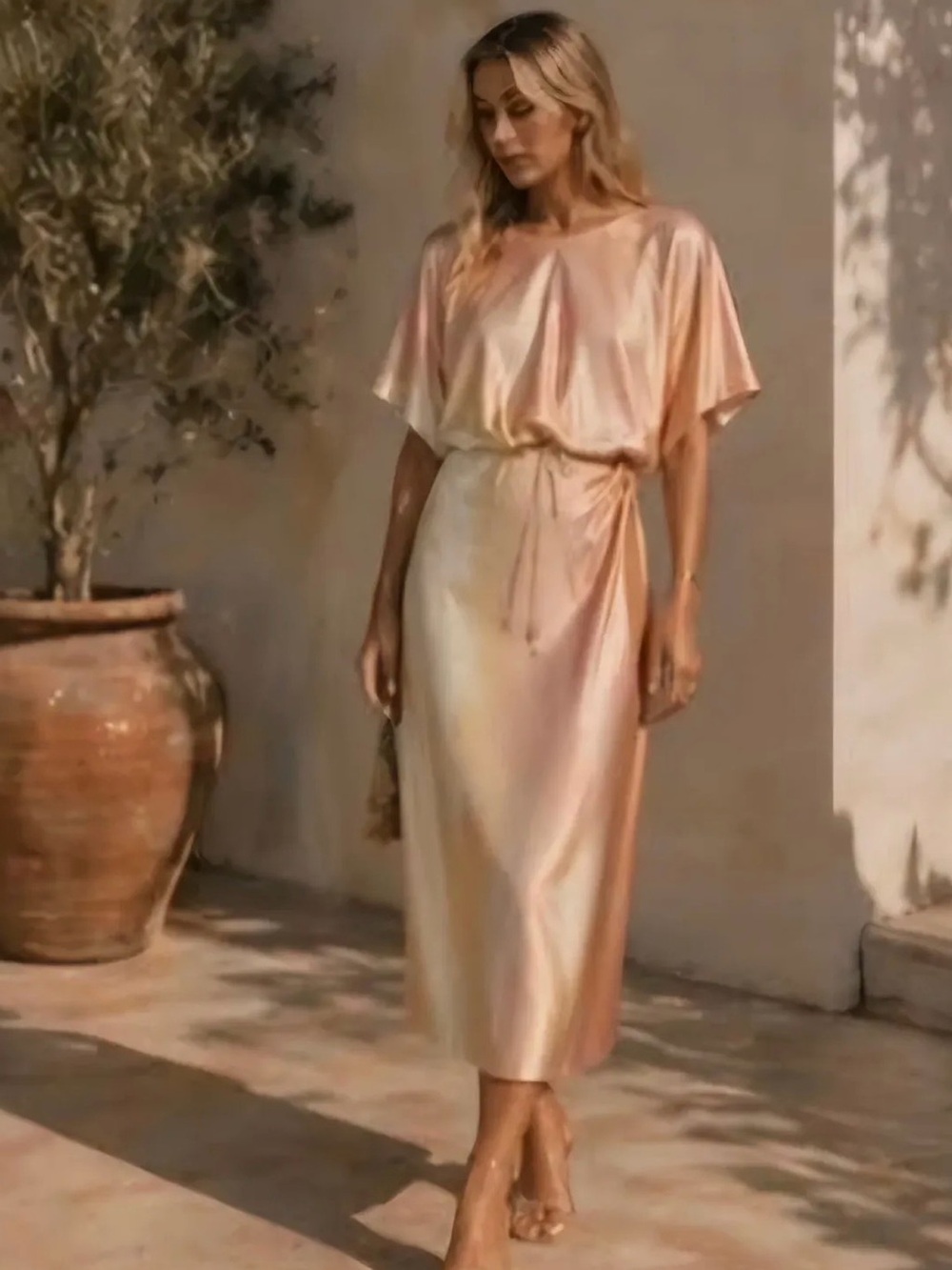 Zara Satin Midi Dress in Champagne Gold